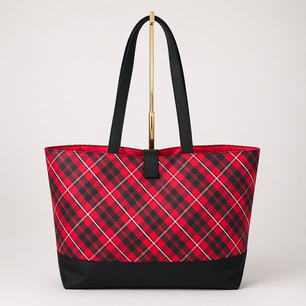 Lancome Red Black Tartan Scottish Plaid Nylon Medium Tote Shoulder Bag Preppy